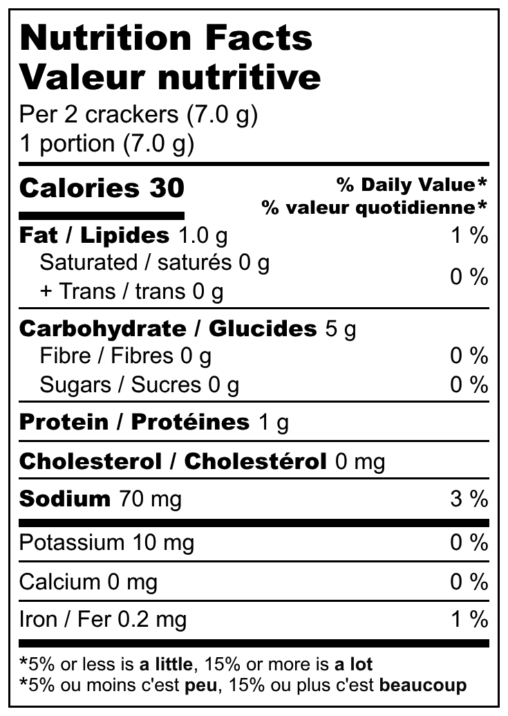 Nutrition facts label for crackers with detailed calorie and ingredient information.