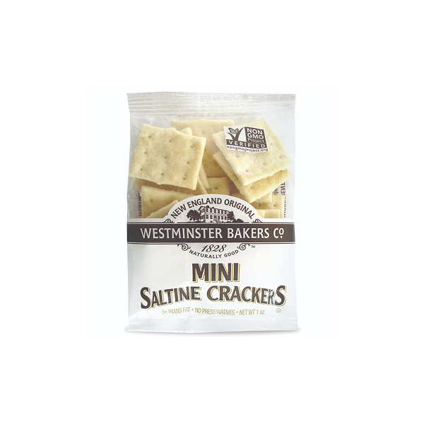 Packaged mini saltine crackers with Westminster Bakers Co branding on a white background