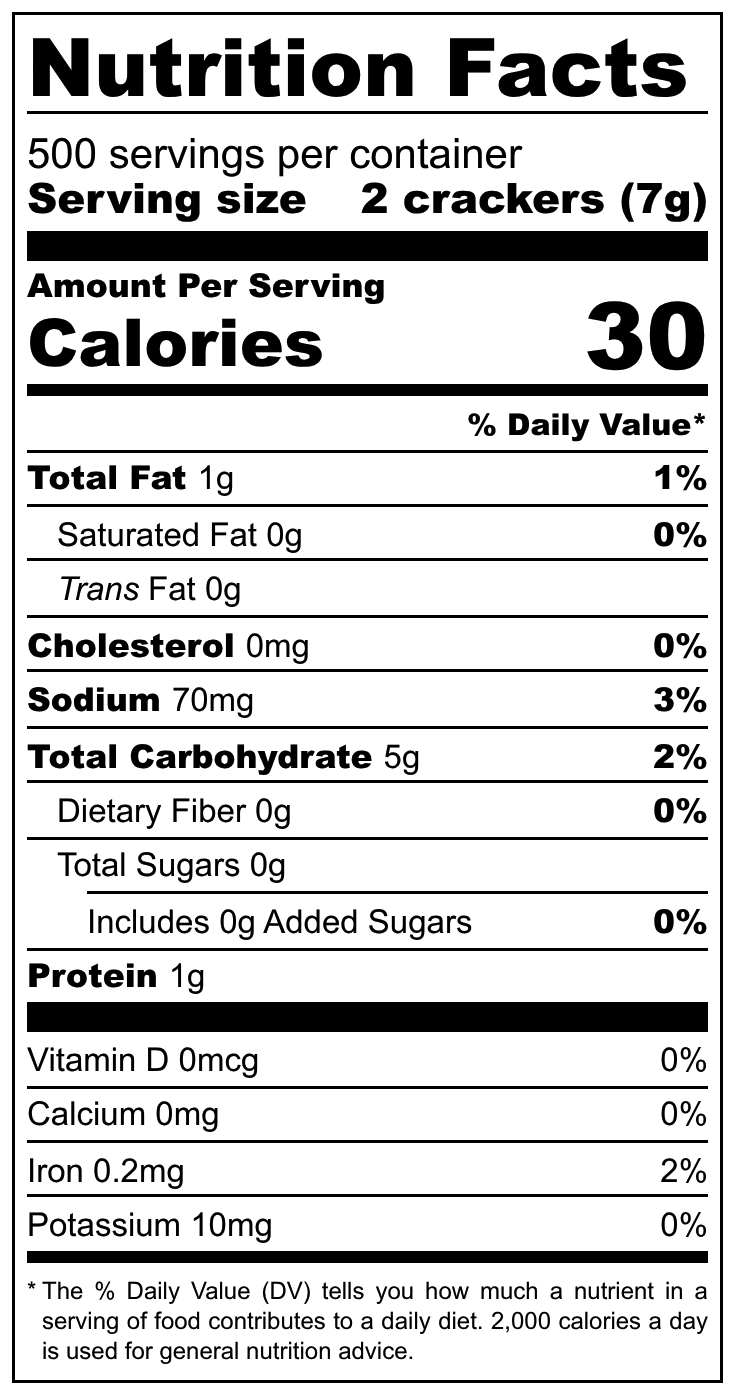 Nutrition facts label for crackers with serving size and calories information.