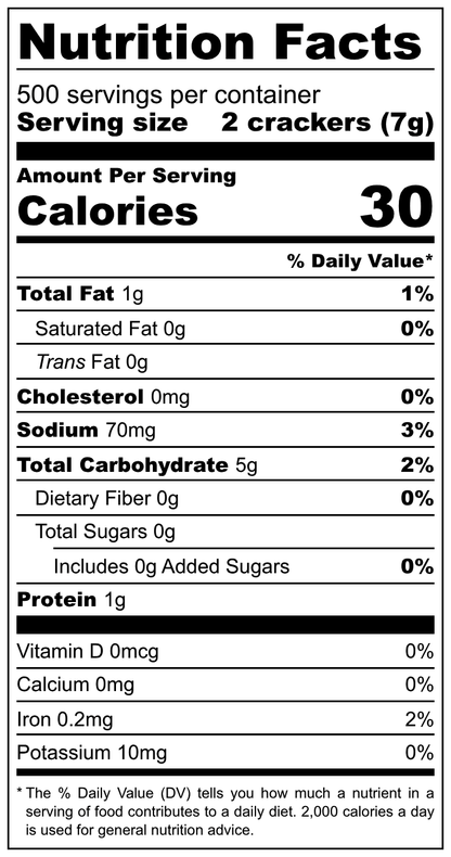Nutrition facts label for crackers with serving size and calories information.