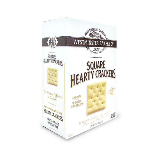 Box of Square Hearty Crackers by Westminster Bakers Co on a white background
