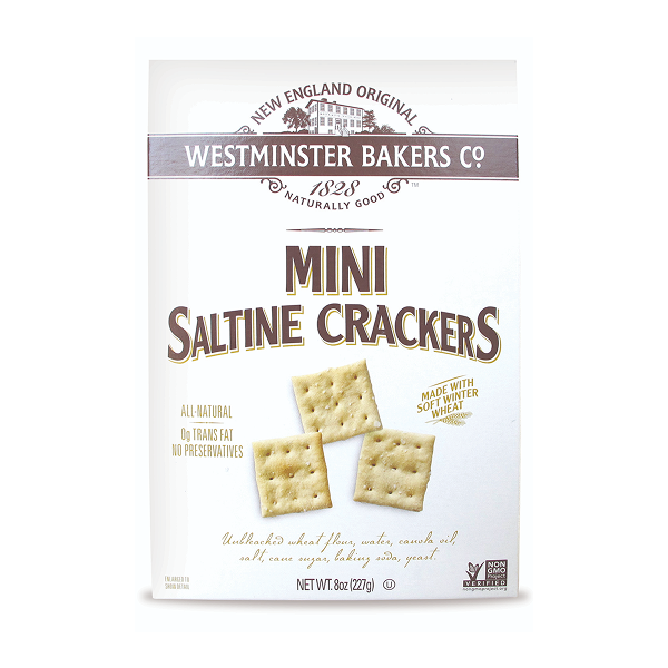 Box of Westminster Bakers Co. Mini Saltine Crackers on a white background