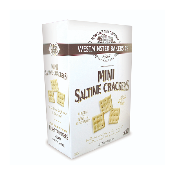 Box of Westminster Bakers Co. Mini Saltine Crackers on a white background