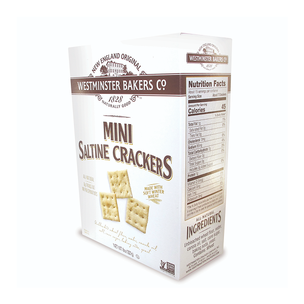 Box of Westminster Bakers Co. Mini Saltine Crackers on a white background