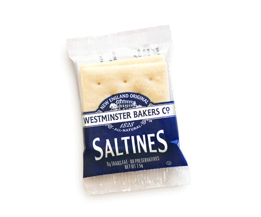 A packaged single serve of Westminster Bakers Saltine Crackers in a clear plastic wrapping with blue and white branding.