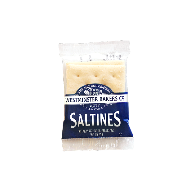 Packaged saltines with Westminster Bakers Co branding on a white background