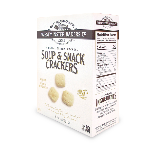 Box of Westminster Bakers Co. Soup & Snack Crackers on a white background