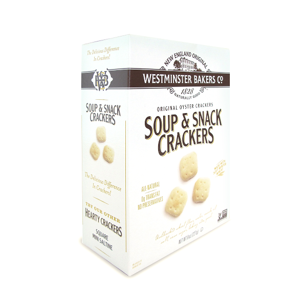 Box of Westminster Bakers Co. Soup & Snack Crackers on a white background