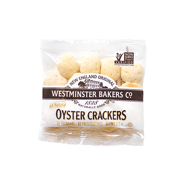 Packaged oyster crackers from Westminster Bakers Co on a white background