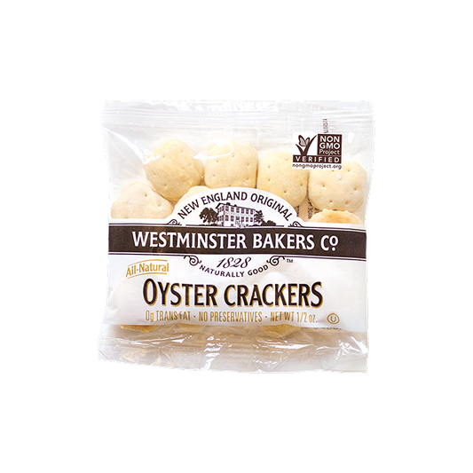 Packaged oyster crackers from Westminster Bakers Co on a white background