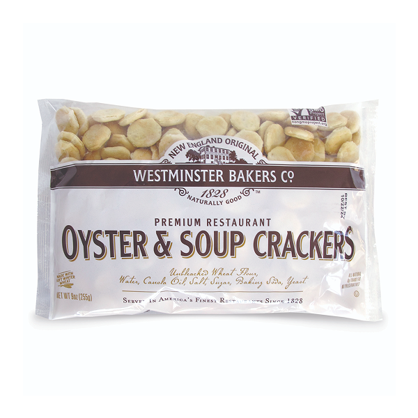 Packaged oyster and soup crackers with Westminster Bakers Co branding on a white background