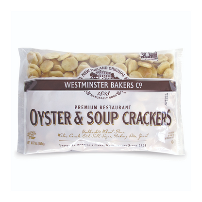 Packaged oyster and soup crackers with Westminster Bakers Co branding on a white background