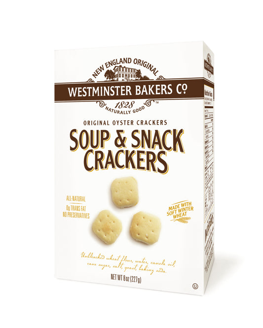 A box of Westminster Soup & Snack Oyster Crackers with the brand's logo and the image of the crackers visible on the packaging.